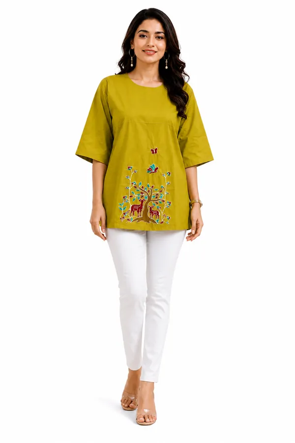Mustard_Yellow_Dabu_Cotton__Knee_length_Short_Kurti_For_Women