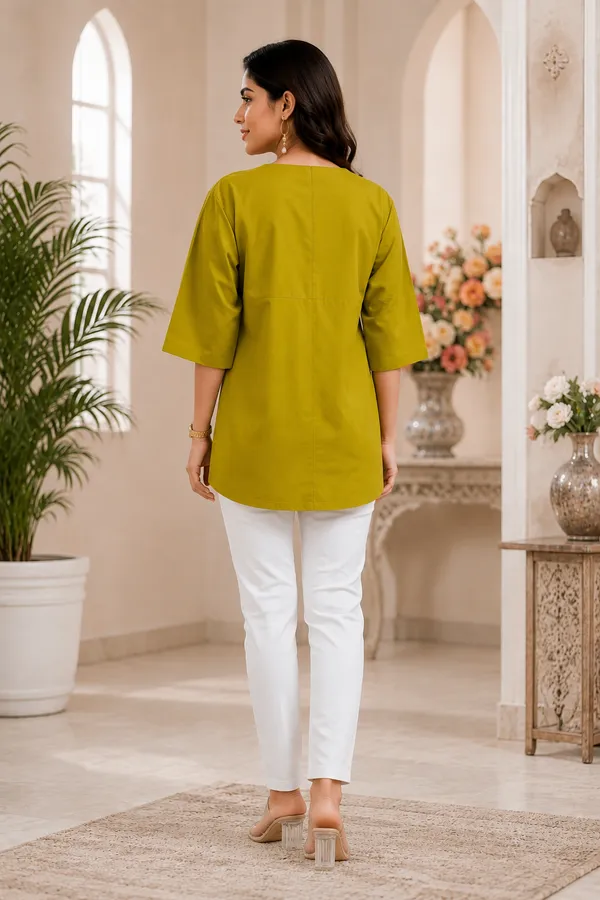 Mustard_Yellow_Dabu_Cotton__Knee_length_Short_Kurti_For_Women