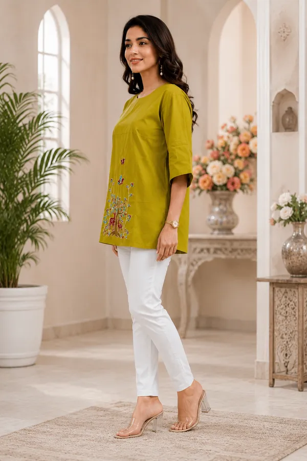 Mustard_Yellow_Dabu_Cotton__Knee_length_Short_Kurti_For_Women