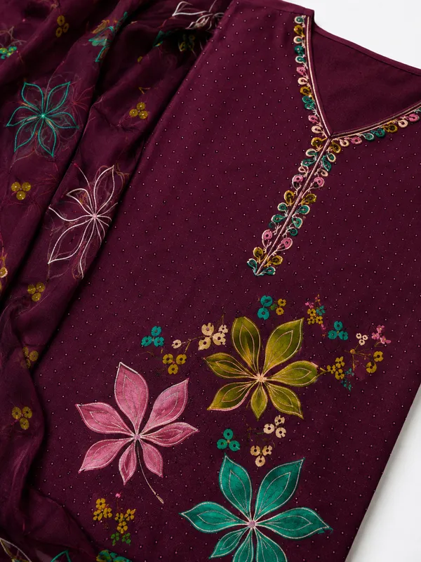 Wine_Roman_Silk_A-Line__Knee_length_3_Piece_Suit_For_Women