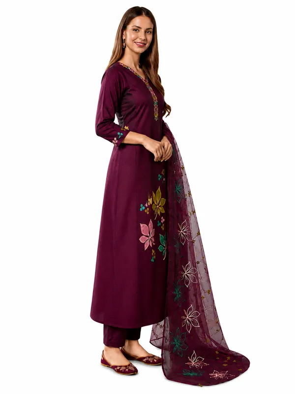 Wine_Roman_Silk_A-Line__Knee_length_3_Piece_Suit_For_Women