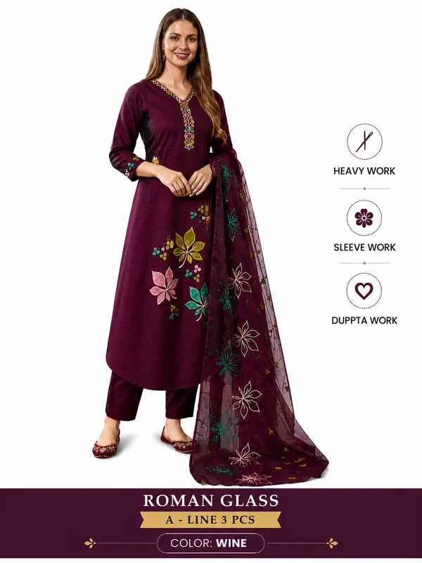 Wine_Roman_Silk_A-Line__Knee_length_3_Piece_Suit_For_Women