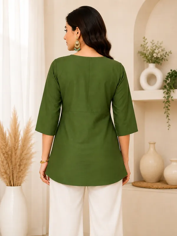 Olive_Green_Dabu_Cotton_Applique__Knee_length_Short_Kurti_For_Women