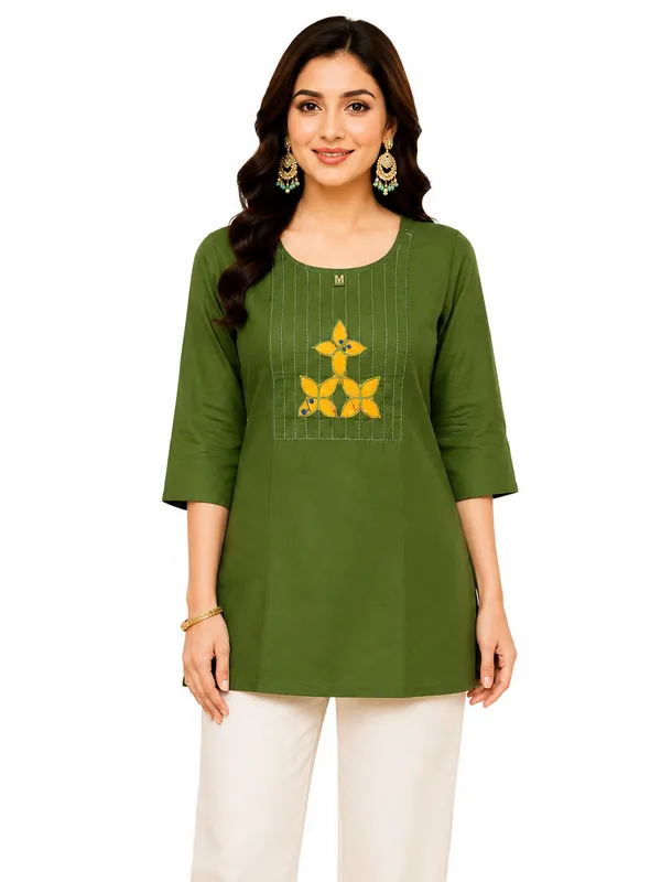 Olive_Green_Dabu_Cotton_Applique__Knee_length_Short_Kurti_For_Women