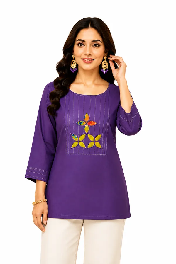Royal_Purple_Dabu_Cotton__Knee_length_Short_Kurti_For_Women