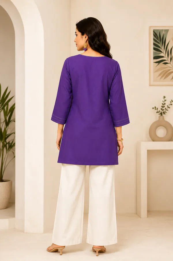 Royal_Purple_Dabu_Cotton__Knee_length_Short_Kurti_For_Women
