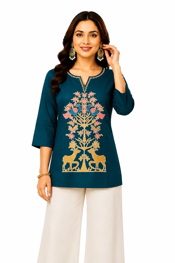 Royal_Teal_Dabu_Cotton__Knee_length_Short_Kurti_For_Women