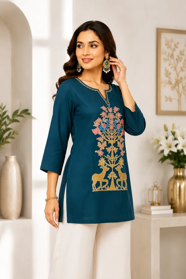 Royal_Teal_Dabu_Cotton__Knee_length_Short_Kurti_For_Women