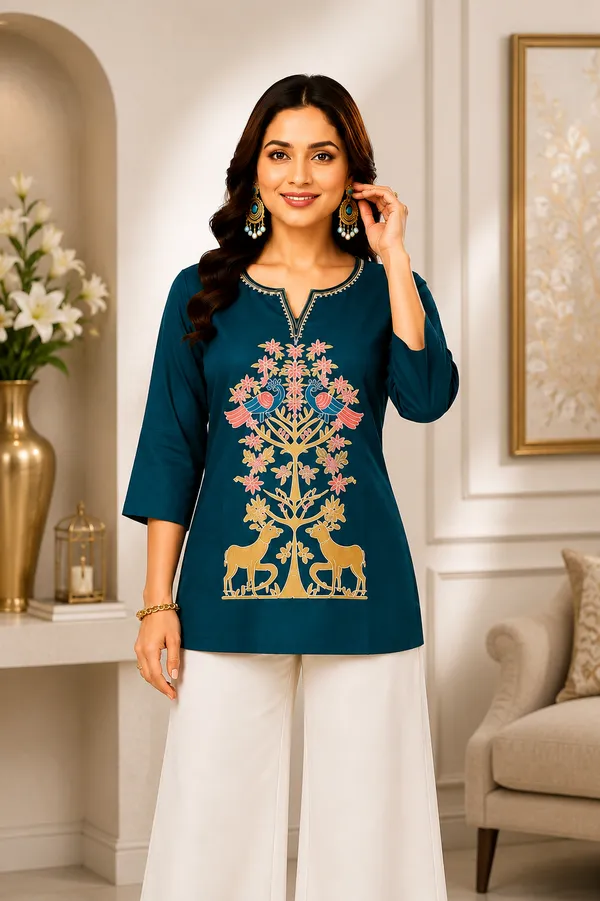 Royal_Teal_Dabu_Cotton__Knee_length_Short_Kurti_For_Women