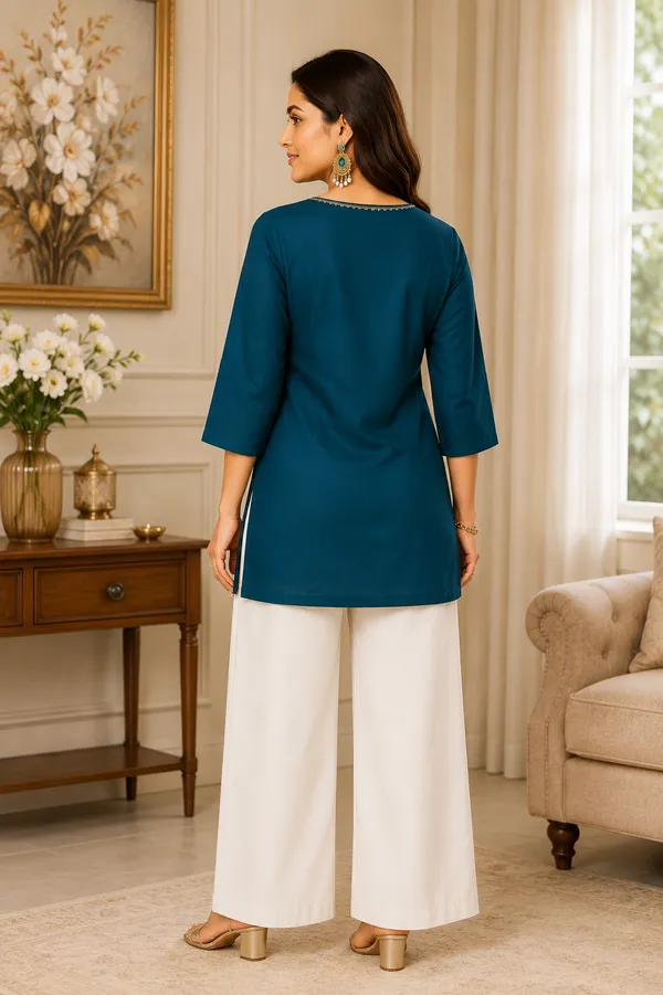 Royal_Teal_Dabu_Cotton__Knee_length_Short_Kurti_For_Women
