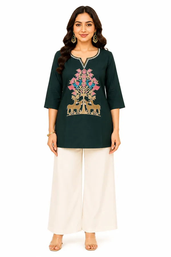 Bottle_Green_Dabu_Cotton__Knee_length_Short_Kurti_For_Women
