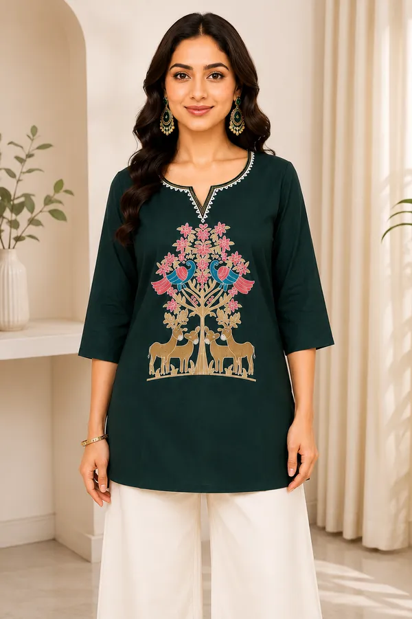Bottle_Green_Dabu_Cotton__Knee_length_Short_Kurti_For_Women