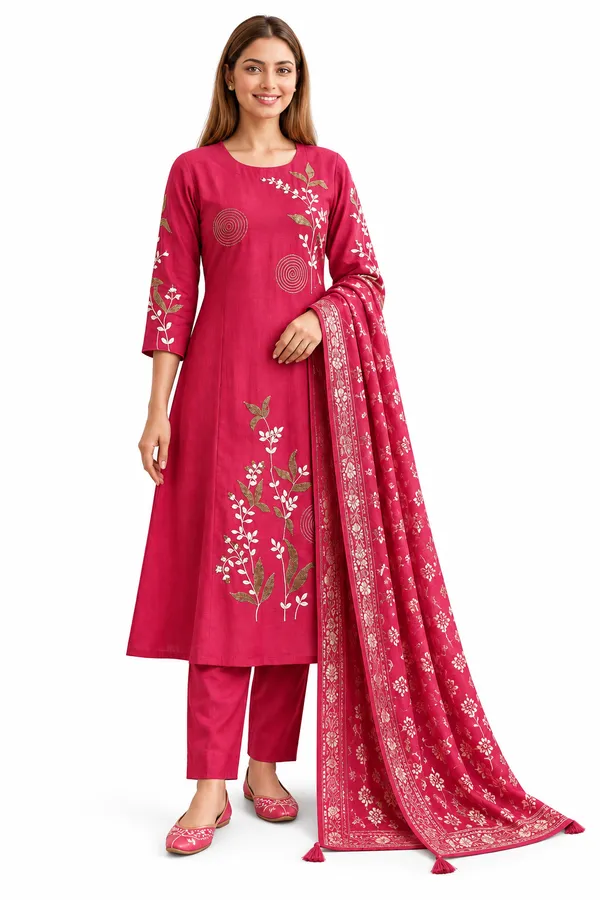 Pink_Roman_Silk_Heavy__Knee_length_3_Piece_Suit_For_Women