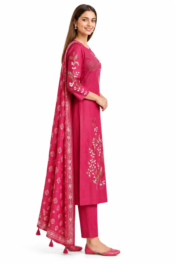 Pink_Roman_Silk_Heavy__Knee_length_3_Piece_Suit_For_Women