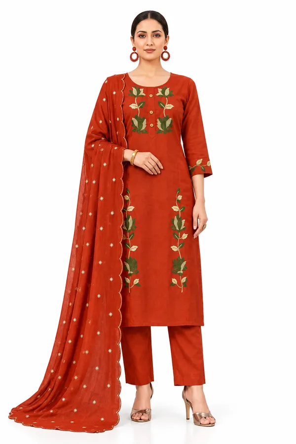 Rust_Mull_Chanderi__Knee_length_3_Piece_Suit_For_Women