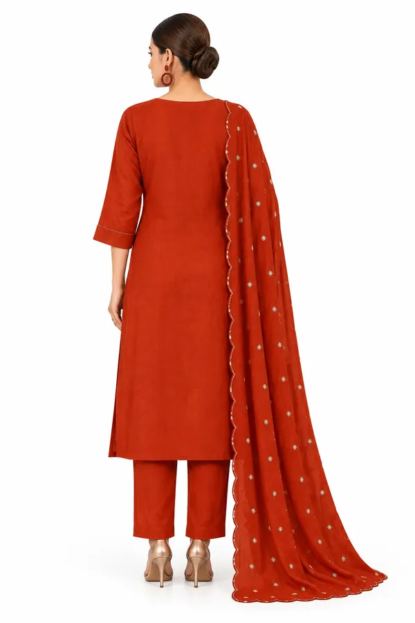 Rust_Mull_Chanderi__Knee_length_3_Piece_Suit_For_Women