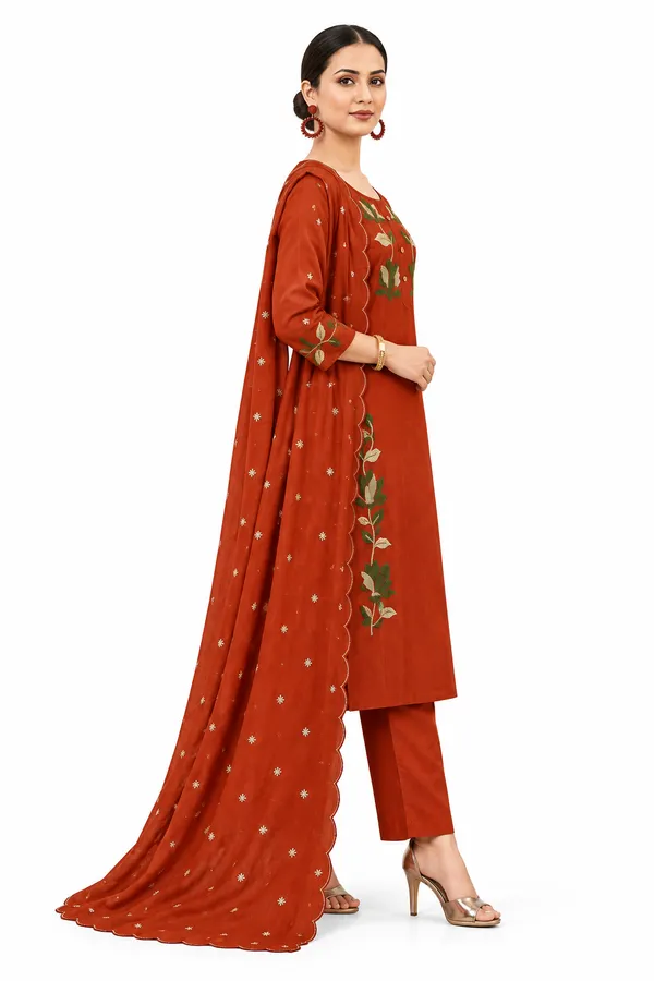 Rust_Mull_Chanderi__Knee_length_3_Piece_Suit_For_Women
