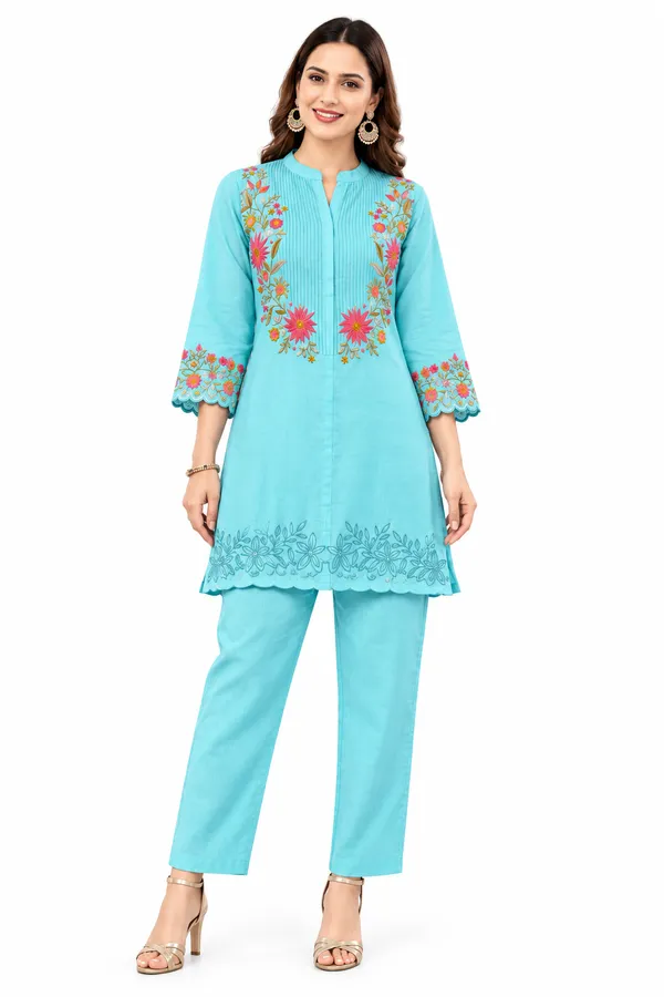 Sky_Blue_Cotton__Knee_length_Co-Ord_Set_For_Women