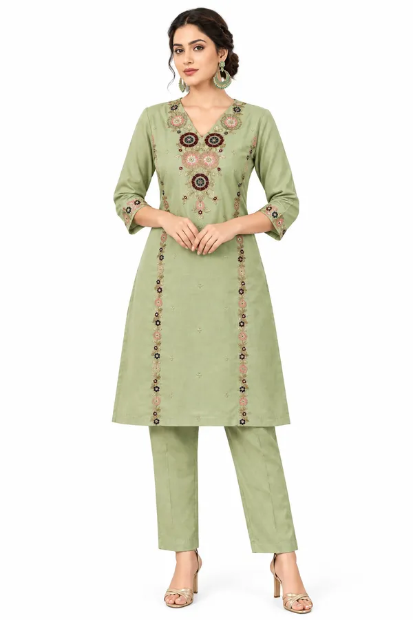 Sage_Green_Roman_Silk__Knee_length_Co-Ord_Set_For_Women