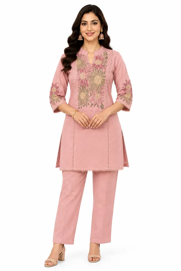 Dusty_Pink_Roman_Silk_Heavy__Knee_length_Co-Ord_Set_For_Women