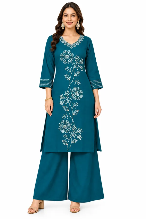 Teal_Dabu_Cotton__Knee_length_Co-Ord_Set_With_Palazzo_For_Women