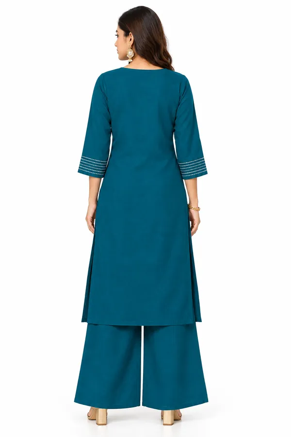 Teal_Dabu_Cotton__Knee_length_Co-Ord_Set_With_Palazzo_For_Women
