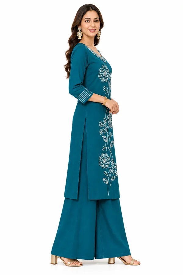 Teal_Dabu_Cotton__Knee_length_Co-Ord_Set_With_Palazzo_For_Women