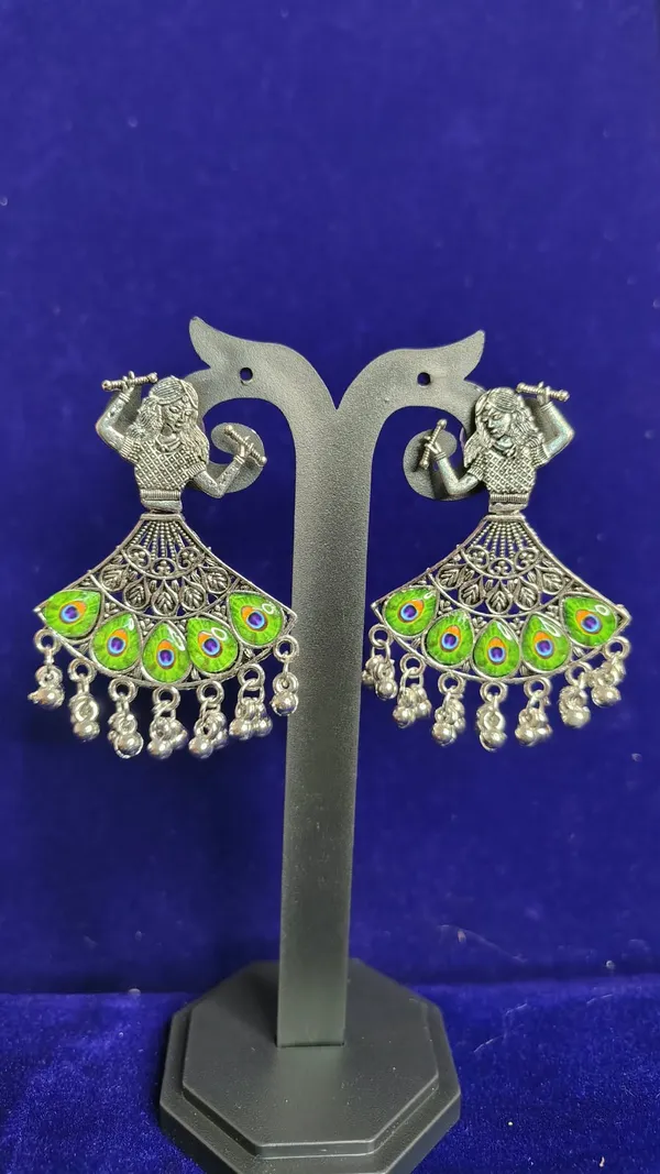 Oxidized_Metal_Meenakari_Peacock_Flute_Player_Drop_Earrings_For_Women