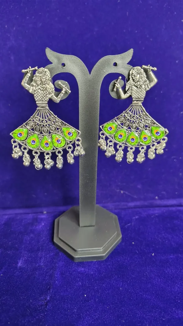 Oxidized_Metal_Meenakari_Peacock_Flute_Player_Drop_Earrings_For_Women