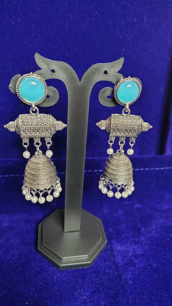 Turquoise_Stone_Oxidized_Metal_Jhumka_Earrings_With_Pearl_Drops_For_Women