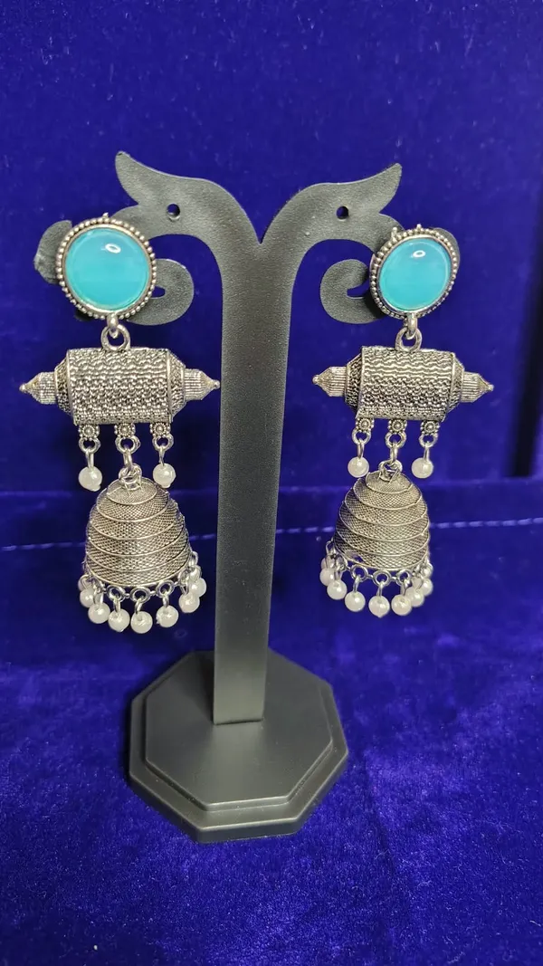 Turquoise_Stone_Oxidized_Metal_Jhumka_Earrings_With_Pearl_Drops_For_Women