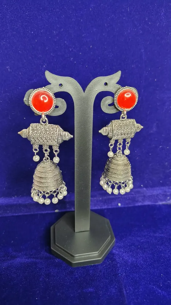 Red_Stone_Oxidized_Metal_Jhumka_Earrings_With_Pearl_Drops_For_Women
