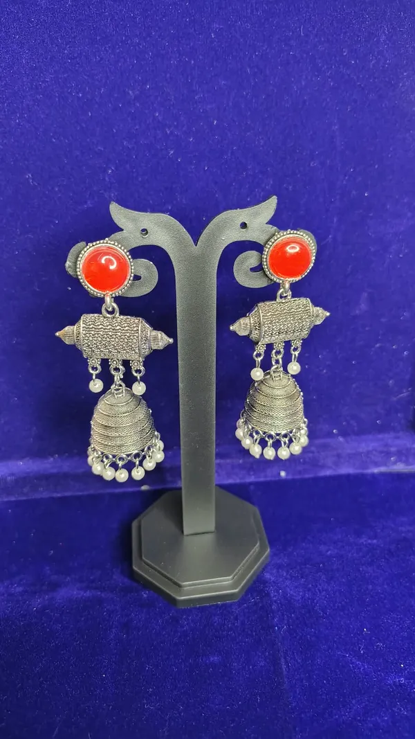 Red_Stone_Oxidized_Metal_Jhumka_Earrings_With_Pearl_Drops_For_Women