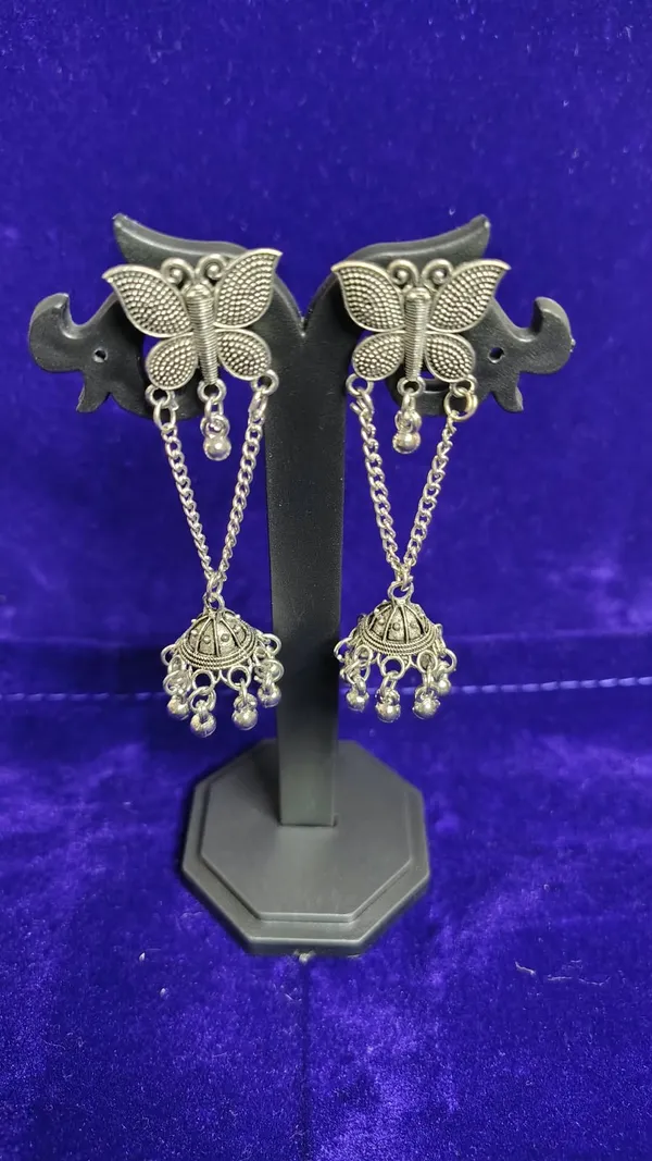 Oxidized_Metal_Butterfly_Chain_Jhumka_Drop_Earrings_Silver_Beads_For_Women