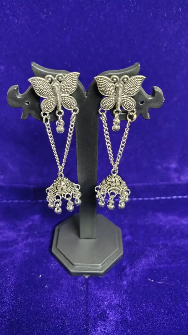 Oxidized_Metal_Butterfly_Chain_Jhumka_Drop_Earrings_Silver_Beads_For_Women