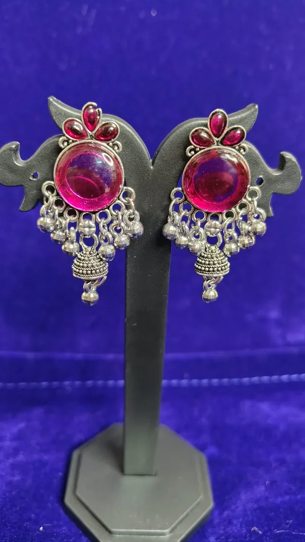 Pink_Magenta_Stone_Oxidized_Jhumka_Earrings_With_Ghungroo_For_Women