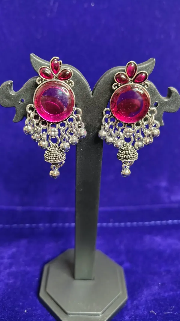Pink_Magenta_Stone_Oxidized_Jhumka_Earrings_With_Ghungroo_For_Women