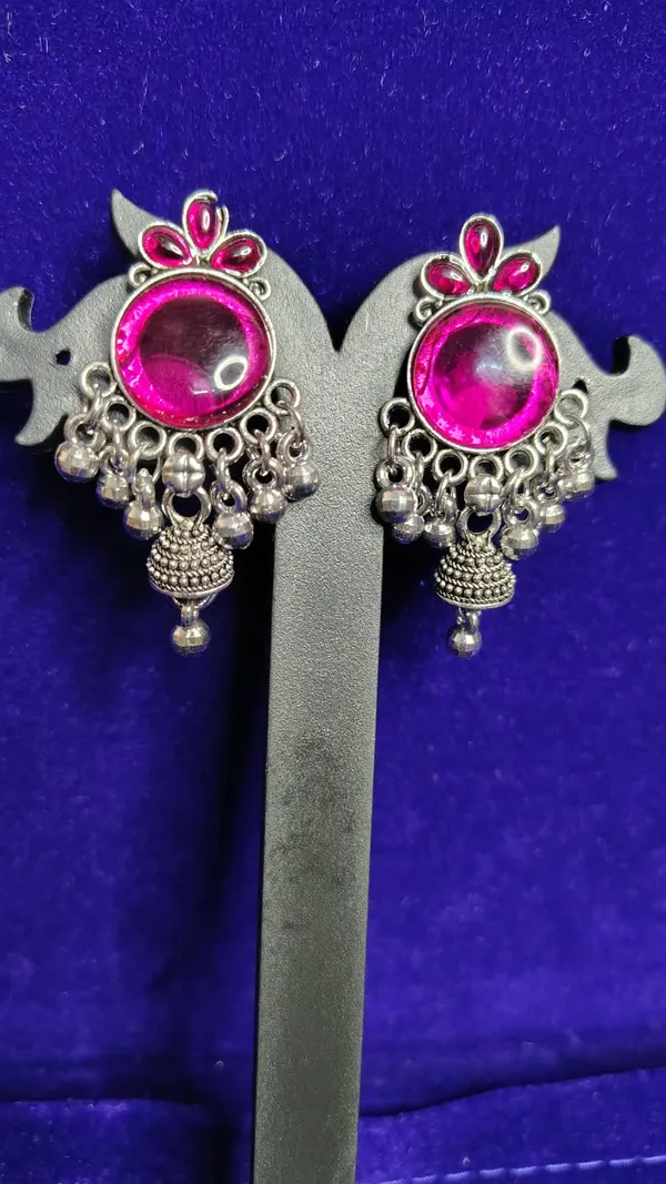 Pink_Magenta_Stone_Oxidized_Jhumka_Earrings_With_Ghungroo_For_Women