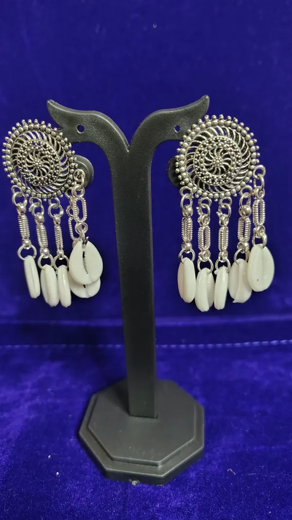 Oxidized_Metal_Spiral_Disc_Cowrie_Shell_Chain_Drop_Earrings_For_Women
