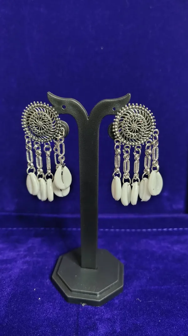 Oxidized_Metal_Spiral_Disc_Cowrie_Shell_Chain_Drop_Earrings_For_Women