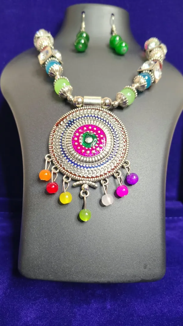 Neon_Multicolor_Beads_Oxidized_Metal_Mandala_Pendant_Necklace_Set_For_Women