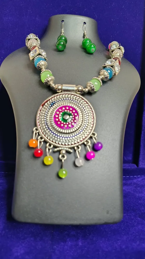 Neon_Multicolor_Beads_Oxidized_Metal_Mandala_Pendant_Necklace_Set_For_Women
