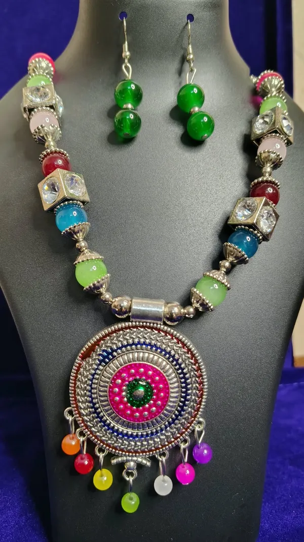 Neon_Multicolor_Beads_Oxidized_Metal_Mandala_Pendant_Necklace_Set_For_Women
