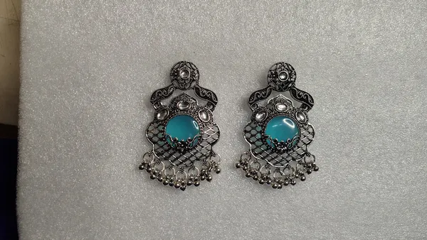 Turquoise_Oxidized_Filigree_Chandbali_Ghungroo_Earrings_For_Women