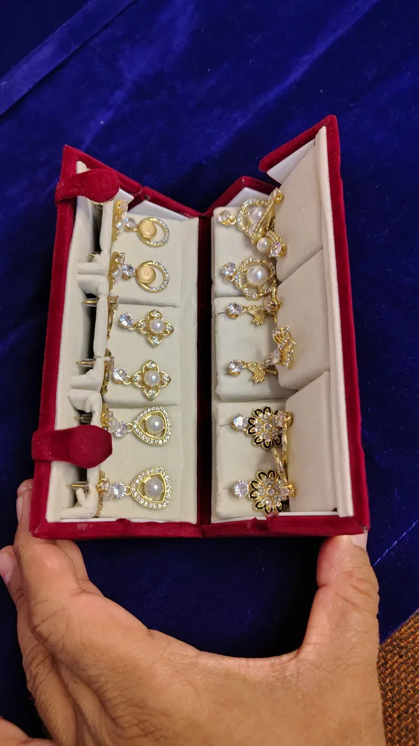Pearl_Crystal_Gold_12_Pairs_Earring_Set_In_Red_Velvet_Box_For_Women