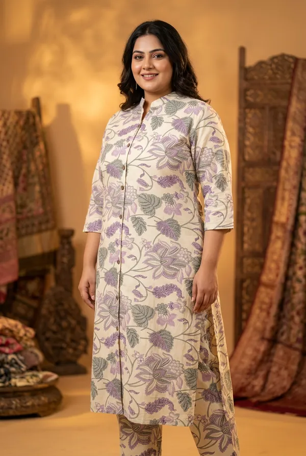 Cream_Purple_Rayon_Botanical__Knee_length_Co-Ord_Set_For_Women