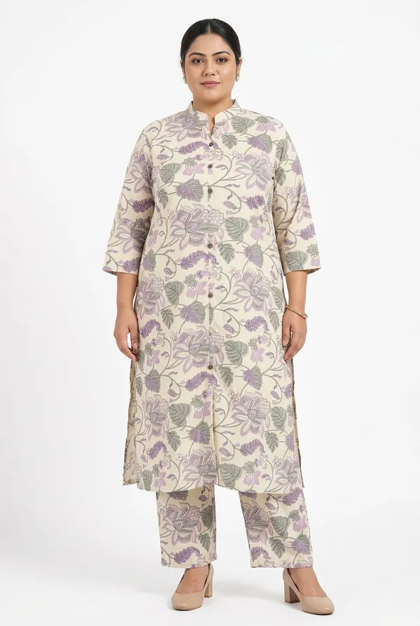 Cream_Purple_Rayon_Botanical__Knee_length_Co-Ord_Set_For_Women