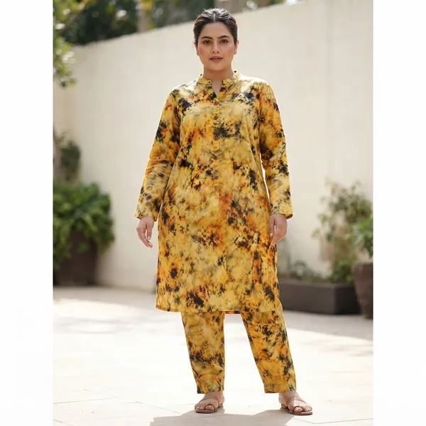 Yellow_Rayon_Printed__Knee_length_Co-Ord_Set_For_Women