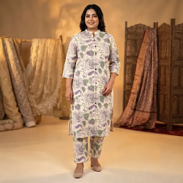 Cream_Purple_Rayon_Botanical__Knee_length_Co-Ord_Set_For_Women