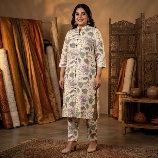 Cream_Purple_Rayon_Botanical__Knee_length_Co-Ord_Set_For_Women